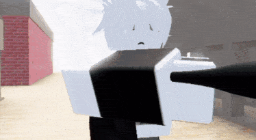 a cartoon character with white hair is holding a gun in front of a brick wall