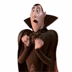 a cartoon vampire is making a surprised face with his hands in the air .