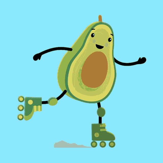 an avocado with arms and legs is rollerblading on a blue background
