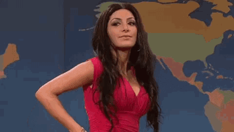 a woman in a red dress says weeeeeell