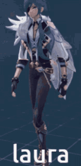 a video game character named laura is standing on a blue background