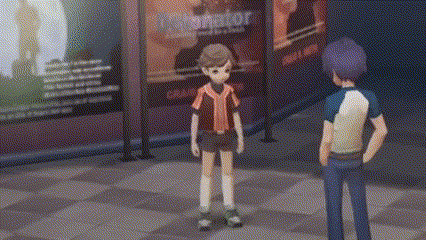 a boy and a girl are standing in front of a movie poster .