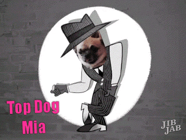 a cartoon drawing of a dog in a suit and hat with the words top dog mia below it