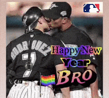 a couple of baseball players kissing with the words happy new year bro