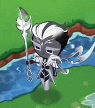 a cartoon character is standing next to a river and holding a feather .