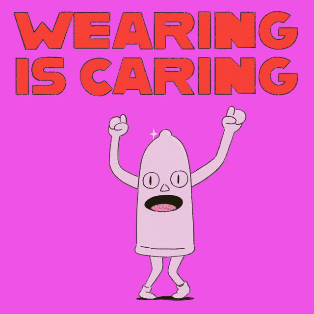 a cartoon illustration of a condom with the words wearing is caring below it