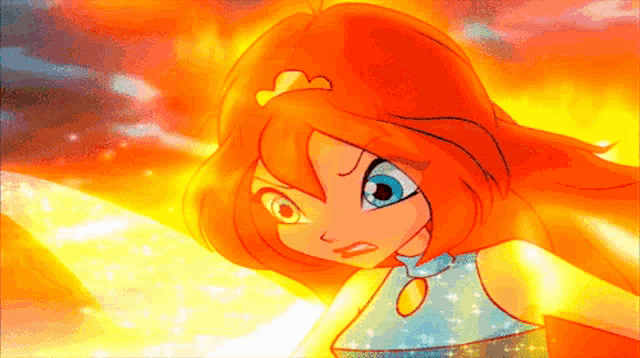 a close up of a cartoon character with orange hair and blue eyes