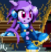 a pixel art of a purple cat wearing headphones and a blue dress