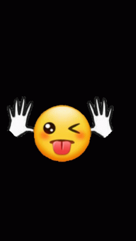 a yellow smiley face sticking out its tongue with white hands around it