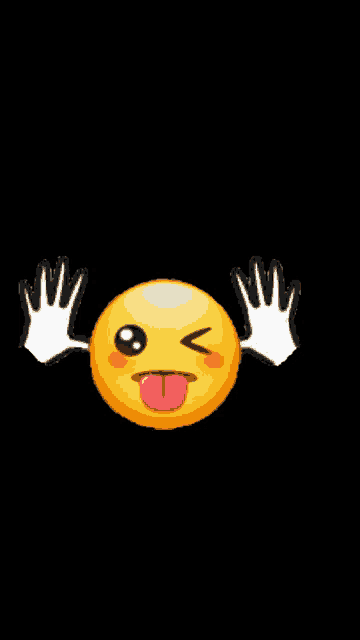 a yellow smiley face sticking out its tongue with white hands around it
