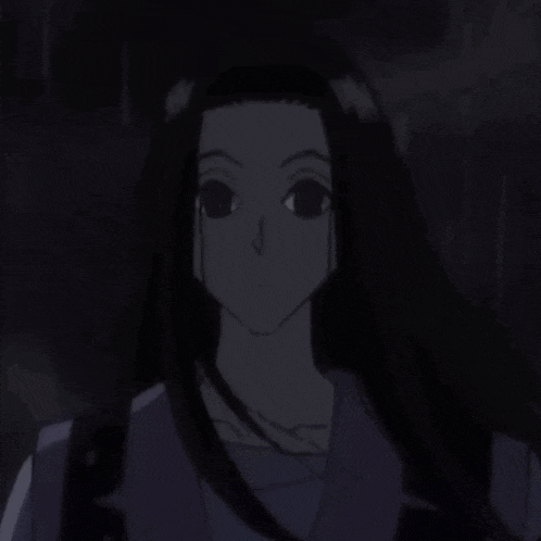 a cartoon character with long black hair is standing in the dark .
