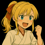 a girl with blonde hair and blue eyes is wearing a white kimono and a red bow in her hair
