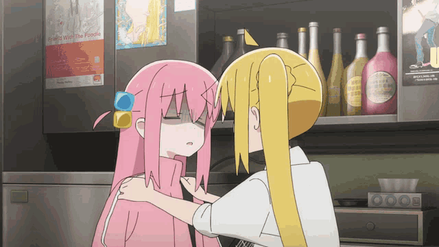 two anime girls are standing next to each other in front of a shelf with bottles