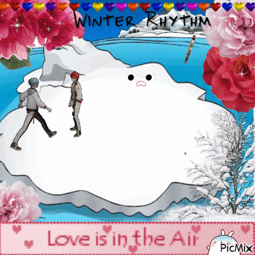 a picture of two people standing on a snow covered island with the words winter rhythm written above them