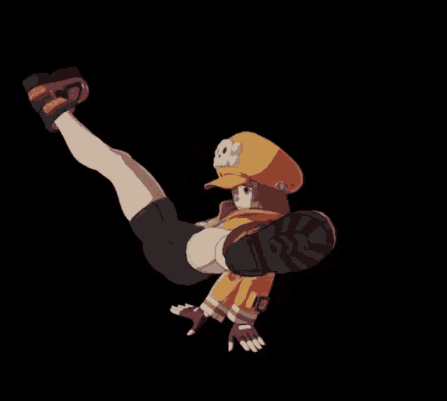 a cartoon character is doing a handstand with one leg up on a black background .
