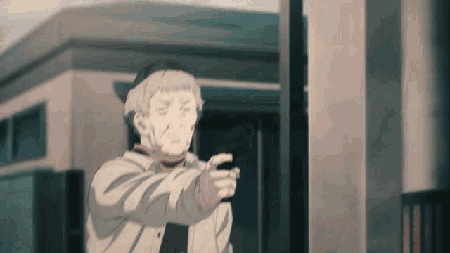 a man in a white shirt is pointing a gun at someone