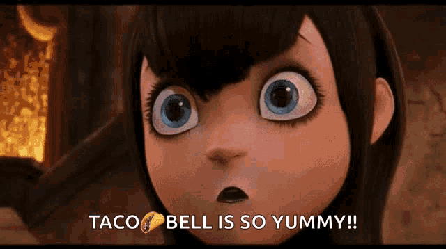 a cartoon character says taco bell is so yummy !