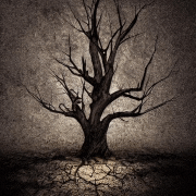 a black and white photo of a tree without leaves in the middle of a cracked ground .