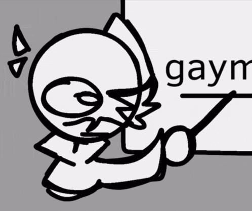 a black and white drawing of a person with the word gaym written on it