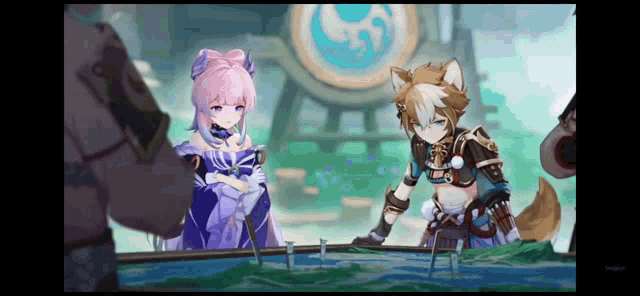 a boy and a girl are standing next to each other in front of a body of water in a video game .