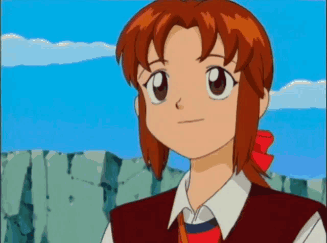 a girl with red hair is wearing a red vest and tie