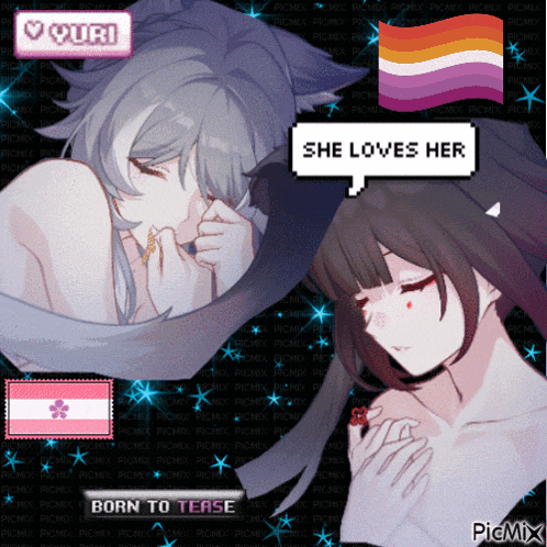 a pixel art of two girls with a speech bubble that says she loves her