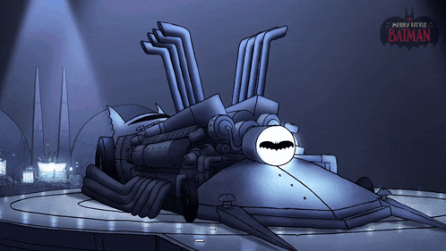 a cartoon drawing of a batmobile with the words " mighty little batman " behind it