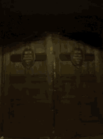 a woman in a maid costume stands in a dark room with her arms outstretched