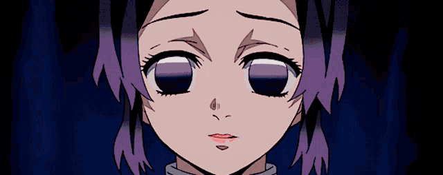 a close up of a girl 's face with purple hair and blue eyes