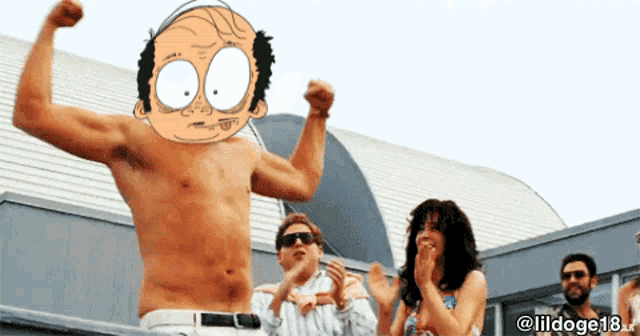 a shirtless man is flexing his muscles in front of a crowd with a cartoon character on his head