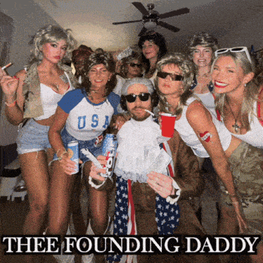 a group of people posing for a picture with the words thee founding daddy below them
