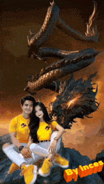 a man and a woman are sitting on a rock with a dragon behind them