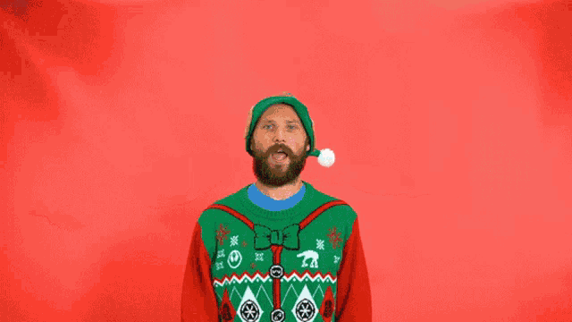 a man wearing an ugly christmas sweater and a santa hat says happy holidays