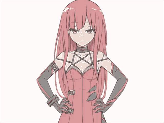 a drawing of a girl with pink hair and black gloves standing with her hands on her hips