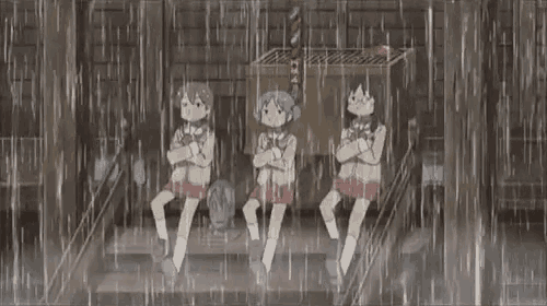 three anime girls are standing in the rain in a temple .