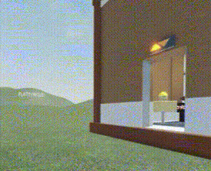 a painting of a house with a view of mountains