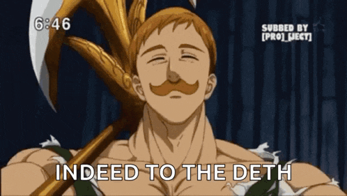 a man with a mustache is holding a large axe with the words indeed to the deth below him