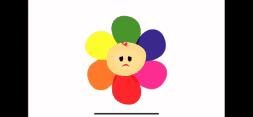 a rainbow colored flower with a sad face