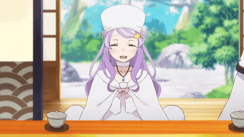 a girl with purple hair is sitting at a table with two cups of tea