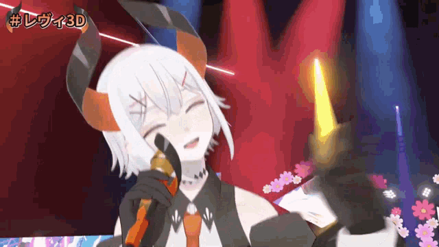 a girl with horns is singing into a microphone while holding a candle