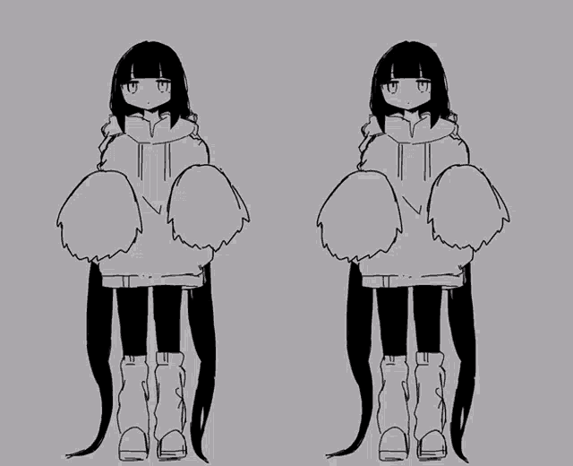 two black and white drawings of a girl with long black hair