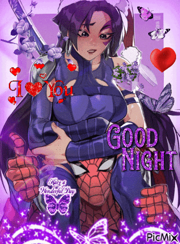 a picture of a woman hugging a spider man with the words good night written on it