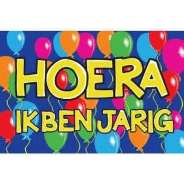 a blue background with balloons and the words `` hoera ik ben jarig ''