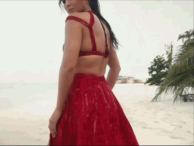 a woman in a red dress stands on the beach