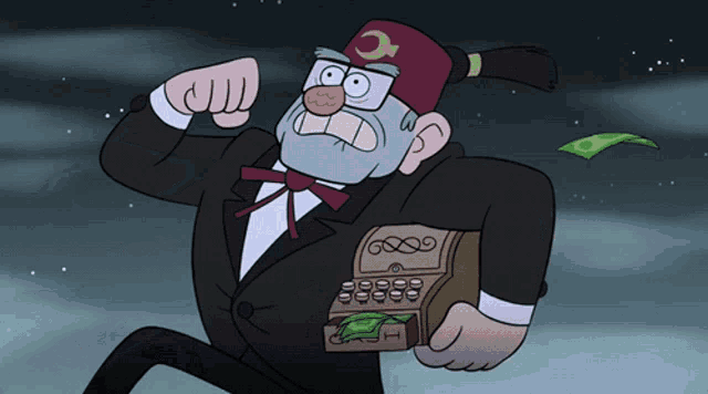 a cartoon character holding a cash register with a crescent moon on it