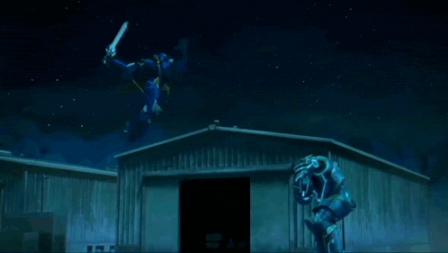 a robot is flying through the air in a dark room .