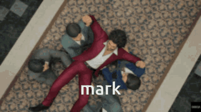 a man in a red suit is laying on the floor surrounded by other men and the word mark is on the bottom
