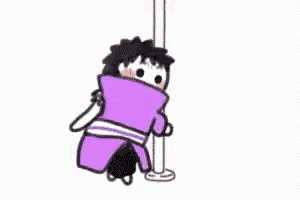 a cartoon of a man in a purple jacket dancing on a pole .