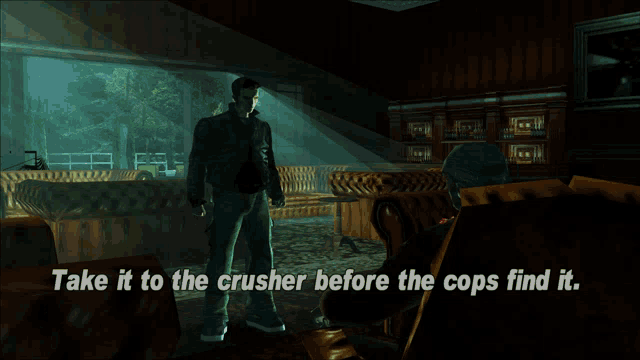 a man in a living room with the words take it to the crusher before the cops find it below him