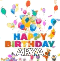 a happy birthday greeting card with balloons and confetti for arya .